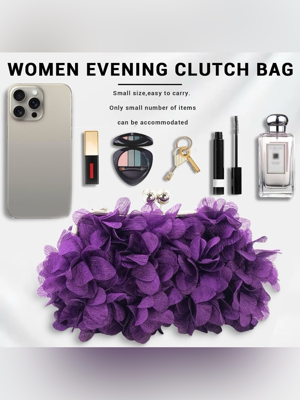 Elegant Purple Floral Appliqué Evening Clutch with Chain Handle - Picture 10 of 13